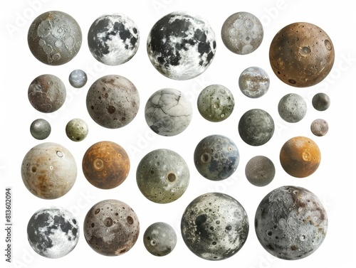 Moons Depiction of natural satellites orbiting planets, focusing on their varying surfaces and sizes, isolated on white background.