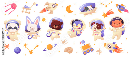 Big set of cute astronauts animals in space, with rocket, spaceships, planets, stars on white background. Cartoon vector illustration.