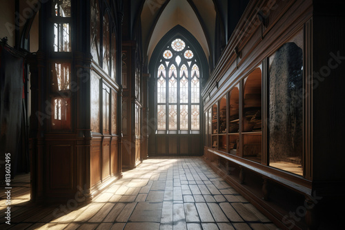 Interior of a wardrobe in Gothic style in a castle.