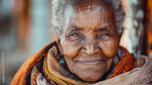 An African old woman with a warm smile, her face shows the path of life, passed with wisdom and patience. © Iaroslav