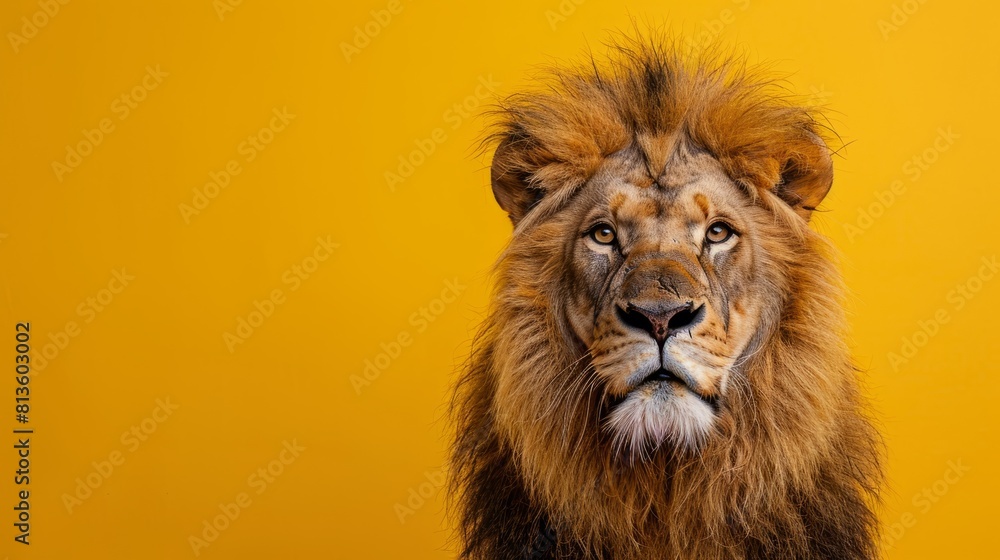 A majestic lion on a vibrant yellow background