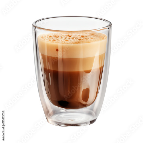 A transparent double-walled glass cup with a coffee drink.