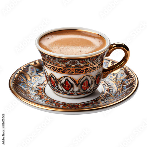 A traditional Turkish coffee cup with intricate patterns and a golden handle, sitting on a matching saucer.