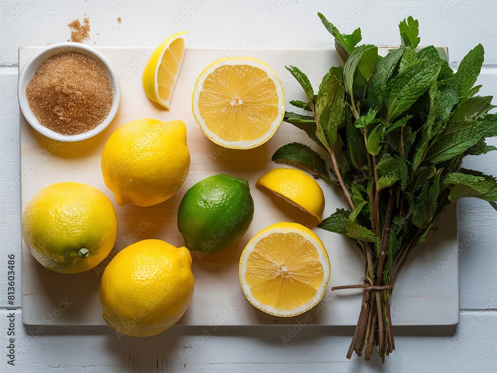 ripe yellow whole lemons and lime, brown sugar and a bunch of fresh mint on a white wooden board ripe yellow whole lemons and lime, brown sugar and a bunch of fresh mint on a white wooden board