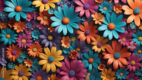 Abstract background of colorful flowers in different color as a wallpaper. Blue, yellow, pink, purple, orange, red