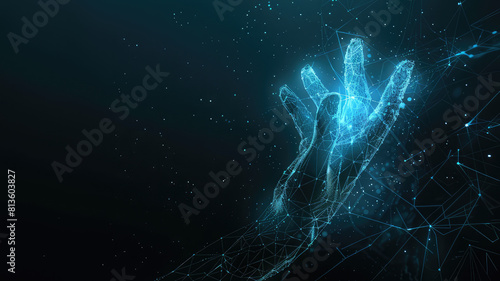 Digital hand hologram on dark background   Neural network connection concept