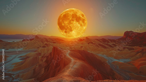 Spectacular Full Moon Over Zabriskie Point's Mudstone Formations at Twilight photo
