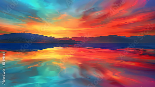 abstract sunset mirage on the water with mountains in the background