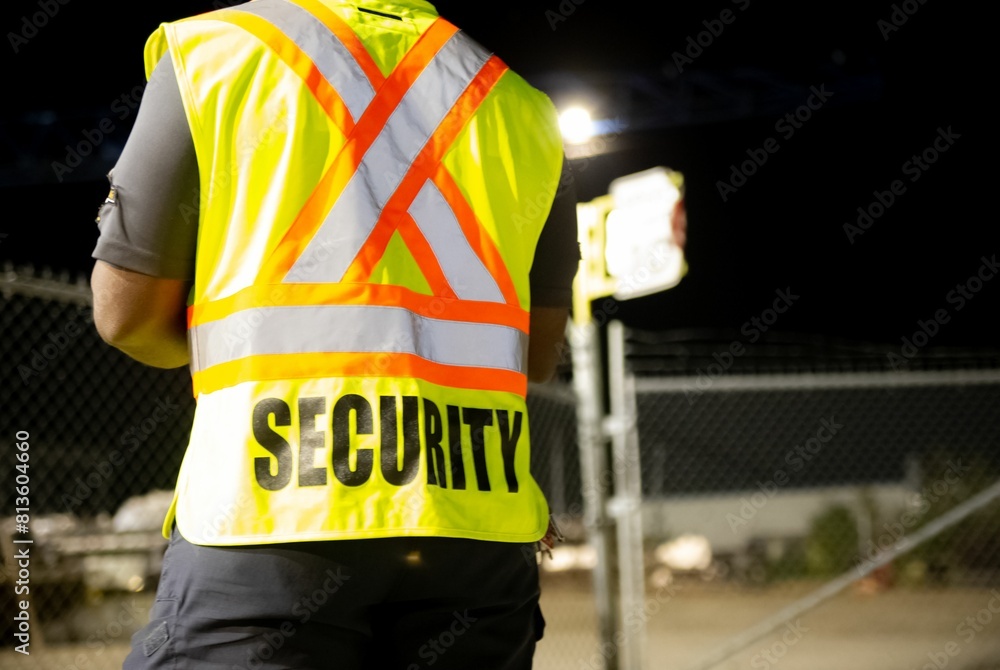 Back of a security guard patrolling a fenced commercial area at night. Back of a security guard patrolling a fenced commercial area at night.