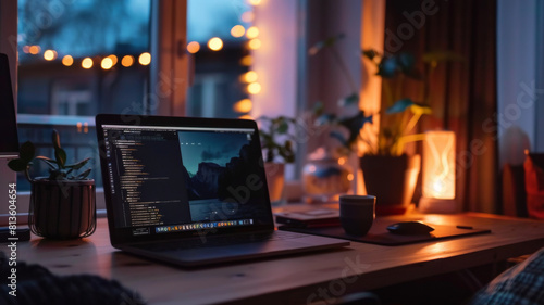 Obraz na płótnie laptop on desk in night office w salonie