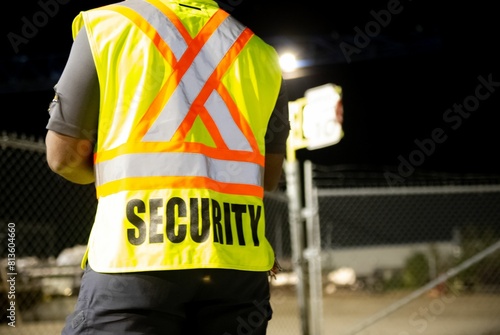 Back of a security guard patrolling a fenced commercial area at night.
