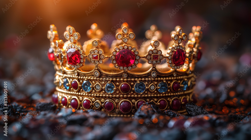 golden crown with rubies and sapphires, resting on dark brown grunge background golden crown with rubies and sapphires, resting on dark brown grunge background