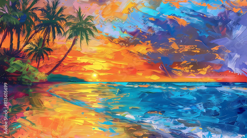 abstract tropical sunset painting featuring a vibrant orange fish swimming in a serene blue water © YOGI C