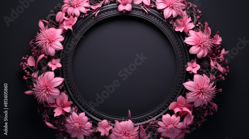 circle black frame in floral design light pink