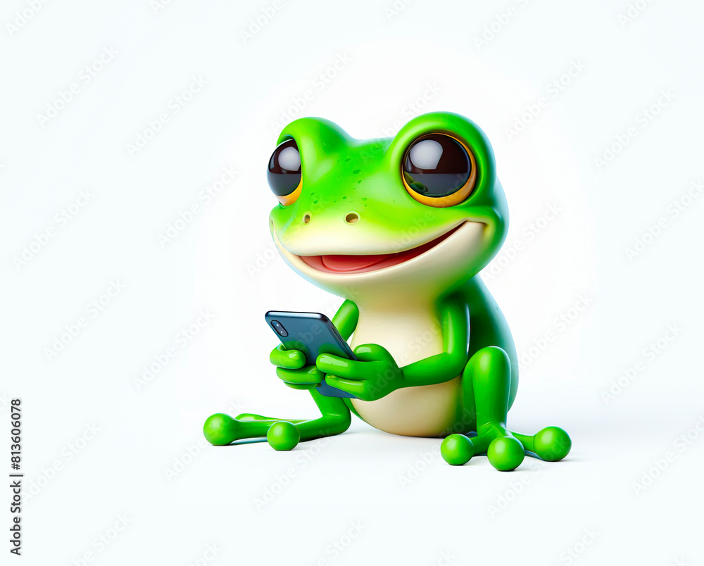 Cute green frog cartoon character happily using a smartphone, isolated on white Cute green frog cartoon character happily using a smartphone, isolated on white