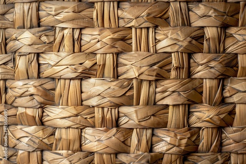 Close-up of a complex natural wicker pattern with folded and intertwined strips