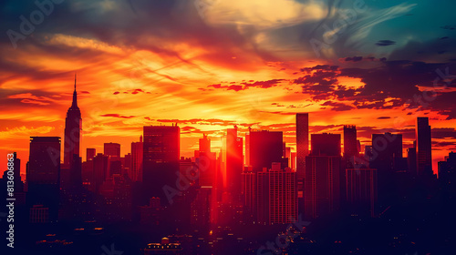 abstract urban sunset with a cityscape featuring a tall building and an orange sky
