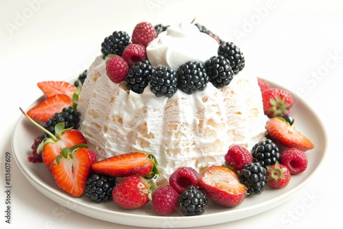 Angel Food Cake topped with Bursting Berries and Ethereal Whipped Cream