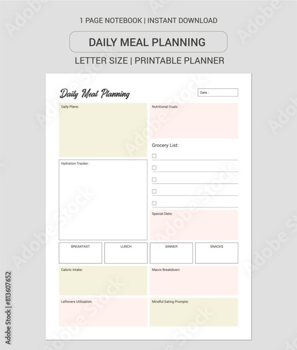 Daily Meal Planner  Notes | Daily Meal Planner  Notebook |Daily Meal Planner  Workbook | Daily Meal Planner  Log Book | Notebook Printable Planner | Letter Size