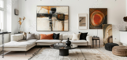 Scandinavian living room with a modern twist, featuring contemporary art, a stylish sofa, and a minimalistic yet warm approach.