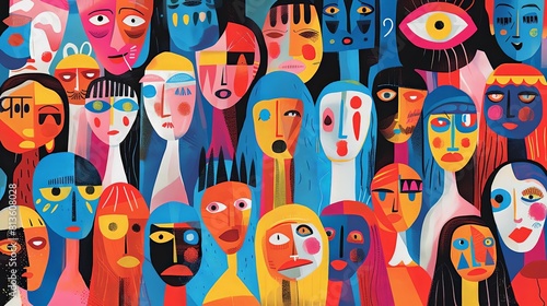 abstract representation of human diversity in the world  featuring a diverse group of individuals with different facial features and hair colors  including a blue face  a red face  a yellow face 