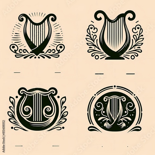 set logo lyra harp musical instrument black beign in vintage style, generative ai photo