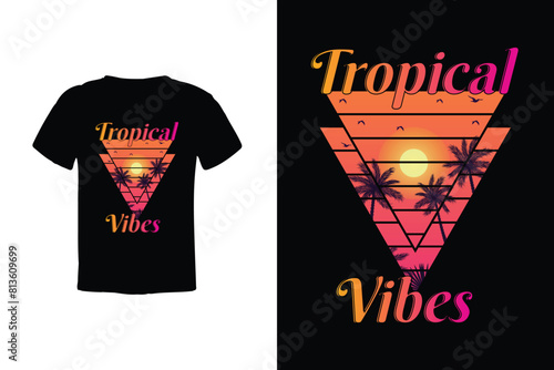 Experience the magic hour in style with our 'Tropical Vibes (Sunset)' tee - a captivating blend of warm hues and palm silhouettes, bringing the serene beauty of tropical sunsets to your wardrobe