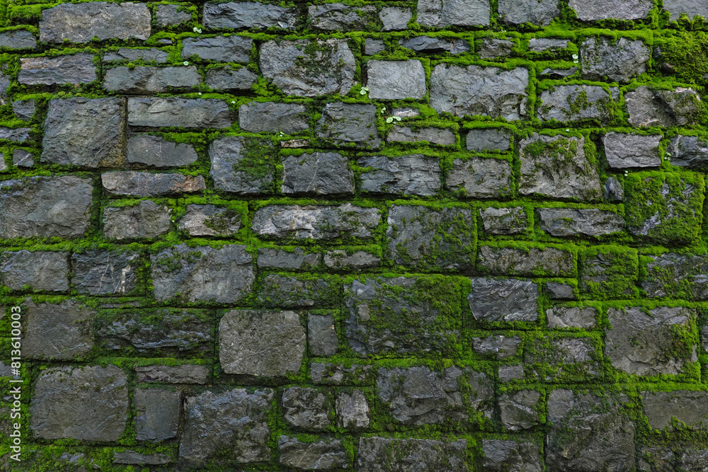Fototapeta premium Rough Stone Wall Texture Background, Stone wall with moss, textured surface
