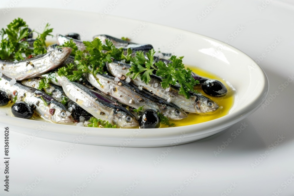 Elegant White Porcelain Dish with Anchovy Marinade Delight Elegant White Porcelain Dish with Anchovy Marinade Delight