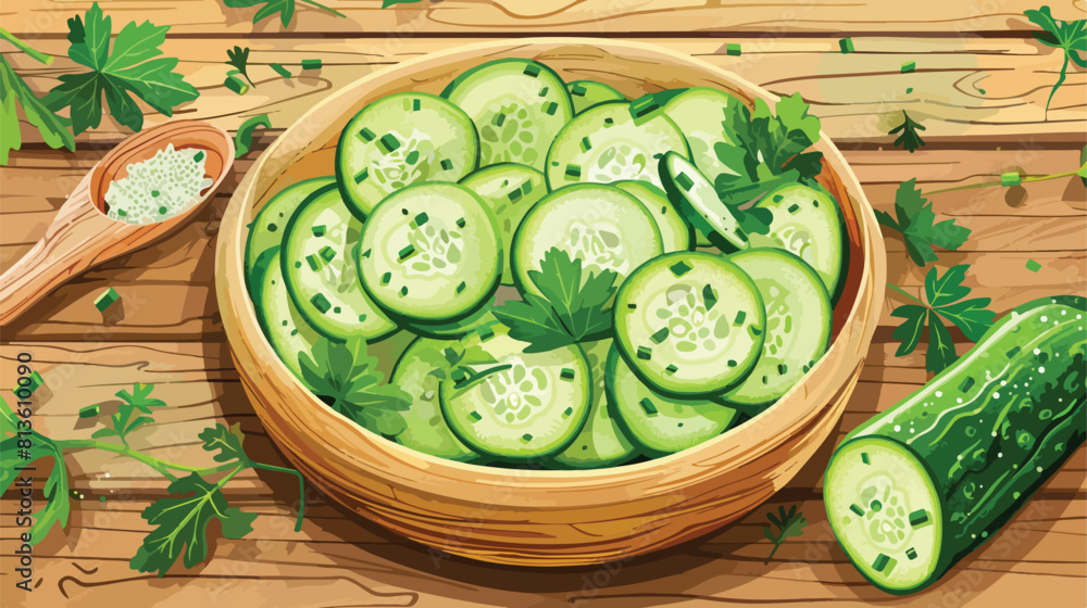 Composition with fresh cucumber salad on wooden background