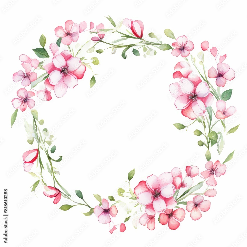 Fototapeta premium bouvardia themed frame or border for photos and text. clusters of small pink and white flowers. watercolor illustration, flowers frame, botanical border, Wedding bouquet in a frame for the design.