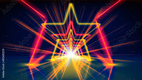 Flight movement through arcade of glowing neon tunnel, corridor, star. Abstract geometric background, flying in cyberspace. Red yellow gold neon arch, perspective. Bright golden glow. Design element