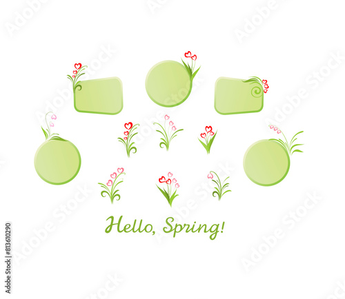 Typography light green offer set for spring seasonal sale, badge or labels with pink and red bluebell and tulip bouquets