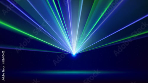 Laser light show. Bright led laser beams, dj light party. Illuminated blue green stage, led strobe lights. Background, backdrop for displaying products. Vector illustration