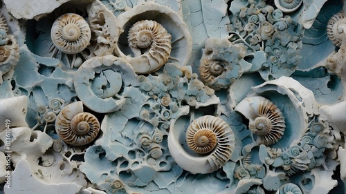 intricate and distinctive spirals of calcified aquamarine blue ammonite sea shells set into limestone. intricate rough grunge texture and surface patterns preserved in prehistoric fossils photo