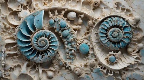 intricate and distinctive spirals of calcified aquamarine blue ammonite sea shells set into limestone. intricate rough grunge texture and surface patterns preserved in prehistoric fossils photo