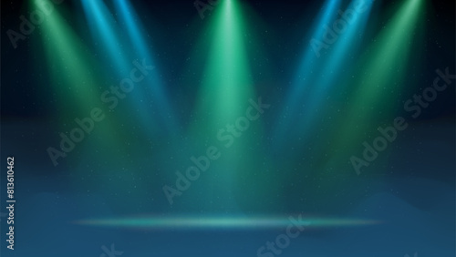 Blue green spotlight backdrop. Illuminated stage with blue fog  smoke. Background for displaying products. Bright beams of spotlights  haze  particles  a spot of light. Vector illustration