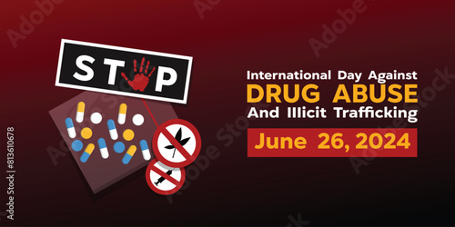 International Day Against Drug Abuse. Drugs, prohibition signs and more. Great for cards, banners, posters, social media and more. Red background.