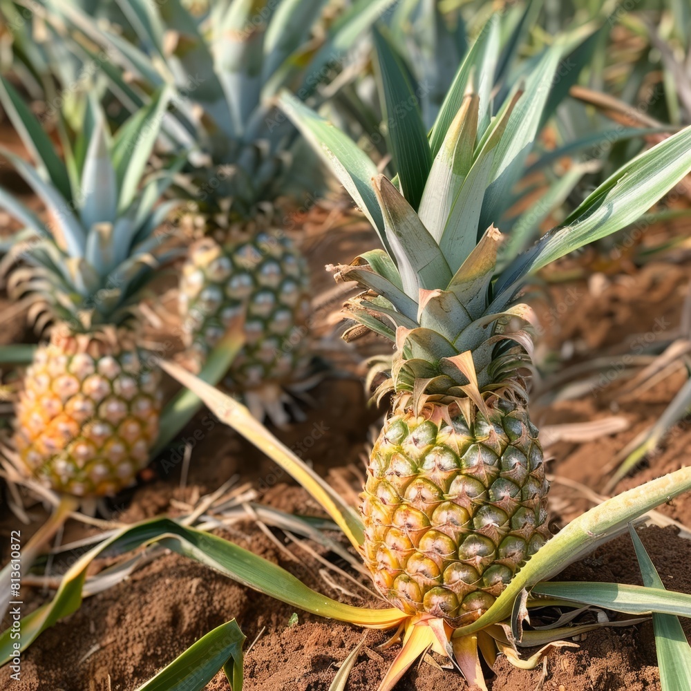 Golden pineapples growing on the ground, surrounded by spiky leaves. Golden pineapples growing on the ground, surrounded by spiky leaves.