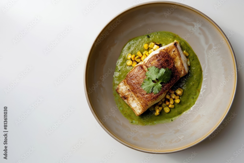 Savory Ancho Dusted Monkfish with Creamy Green Curry-Roasted Corn Sauce Savory Ancho Dusted Monkfish with Creamy Green Curry-Roasted Corn Sauce