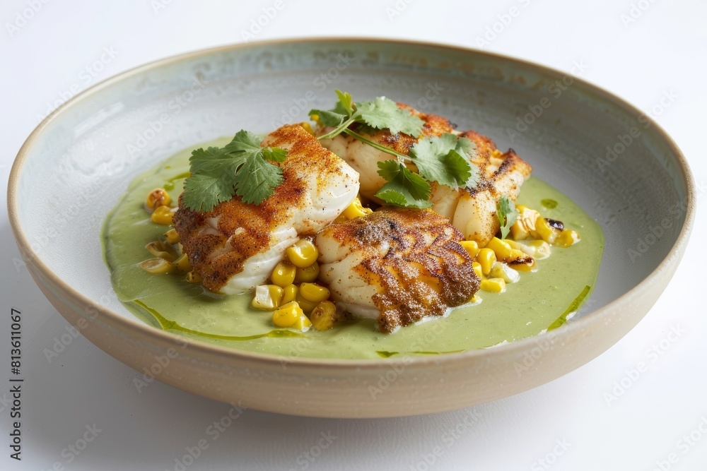 Tasty Monkfish with Coconut Green Curry-Roasted Corn Sauce and Relish Tasty Monkfish with Coconut Green Curry-Roasted Corn Sauce and Relish
