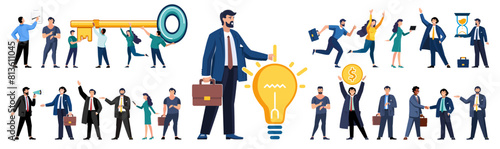 Set of business people in the process of work. Diverse men and women solving business problems, doing work assignments, explaining presentation, clerks doing office tasks. Flat vector illustration