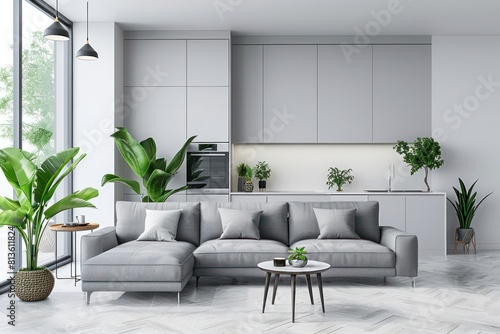 A modern living room with a grey couch  a coffee table  and a potted plant