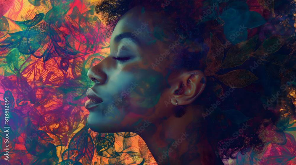 A profile portrait of a woman seamlessly integrated with a vibrant, colorful tapestry of intricate patterns, reflecting a blend of human beauty and abstract art A profile portrait of a woman seamlessly integrated with a vibrant, colorful tapestry of intricate patterns, reflecting a blend of human beauty and abstract art