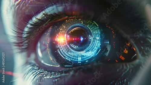 Eye biometric scanning and futuristic digital screens photo