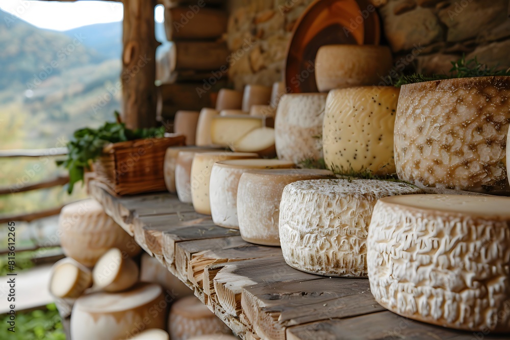 A picturesque countryside landscape with a traditional cheese-making farm, aged to perfection in wooden cellars. A picturesque countryside landscape with a traditional cheese-making farm, aged to perfection in wooden cellars.