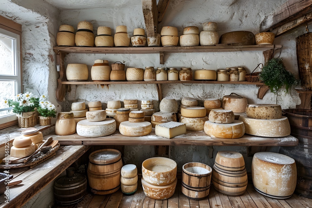 Fototapeta premium A picturesque countryside landscape with a traditional cheese-making farm, aged to perfection in wooden cellars.