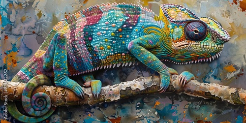 vibrant chameleon perched on branch its textured scales shimmering with a blend of green, blue, and hints of yellow