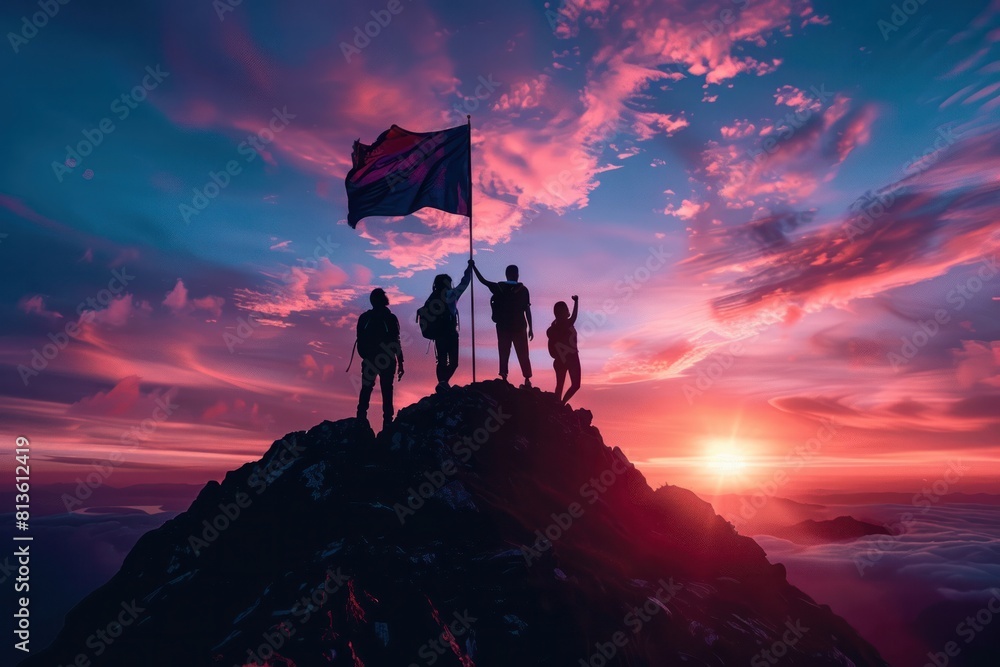 A group of people are standing on a mountain and holding a flag A group of people are standing on a mountain and holding a flag