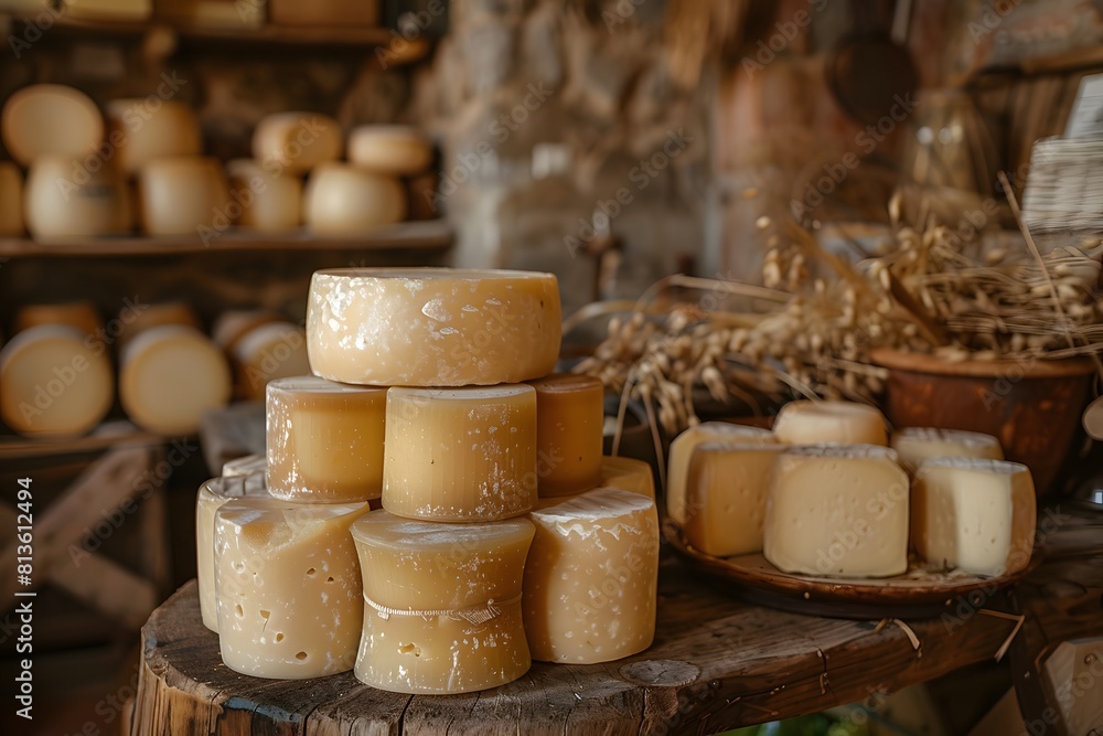 Fototapeta premium A picturesque countryside landscape with a traditional cheese-making farm, aged to perfection in wooden cellars.